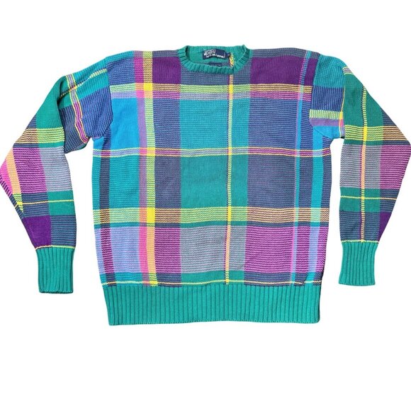 Vintage‎ Polo Ralph Lauren Y2K Plaid Sweater XL 100% Cotton Preppy READ - Picture 1 of 9
